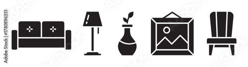 Black silhouette icons of a sofa, floor lamp, potted plant, framed picture, and upholstered armchair in a minimalist style.