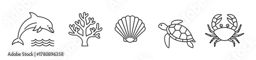 Black outline vector icons of a dolphin, coral, seashell, turtle, and crab, representing marine life in a simple and minimal style.