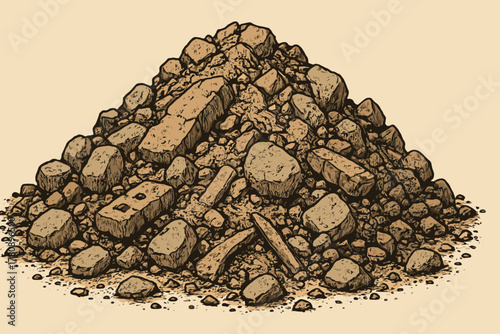 Construction Debris Pile. Pile of construction rubble with a mix of rocks, bricks, and debris, earthy tones and sharp textures,