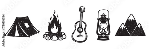 Black and white sketch illustration of a camping tent, campfire, acoustic guitar, vintage lantern, and mountain peaks arranged in a horizontal line.