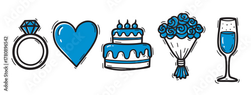 Set of hand-drawn icons featuring a diamond ring, heart shape, layered cake with candles, bouquet of roses, and a champagne glass.