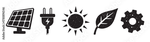 Black grunge icons of clean energy concepts including a solar panel, electric plug, sun, leaf, and gear, representing renewable and sustainable technology themes.
