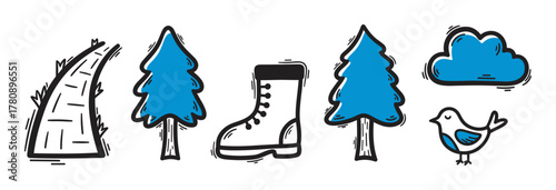 Blue and black hand-drawn hiking elements including a curvy path, two pine trees, a boot, a cloud, and a bird.