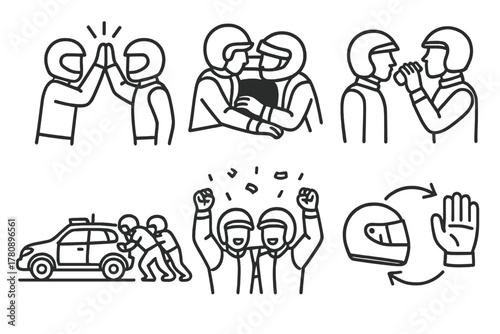 Rally Team Icons. Line style icons of rally bonding moments: team high five, co-driver helping out, shared hydration, vehicle push