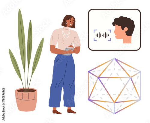 Woman with clipboard, voice recognition panel, geometric wireframe, and potted plant. Ideal for AI, analytics, human interaction, innovation data analysis research education. A simple flat