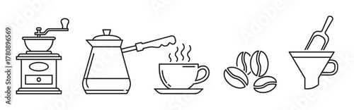 Black outline vector icons of a manual coffee grinder, a cezve, a steaming coffee cup, coffee beans, and a funnel. minimal linear illustration for coffee making concepts.