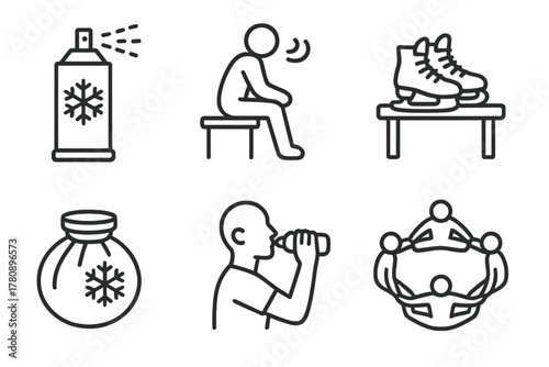 Recovery Iconography Set. Line style icons of recovery and cooldown: cold spray can, sit and breathe icon, skates off on bench,