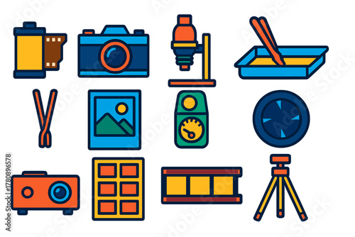 Analog Photography Icons. Flat vector icons of Analog Photography: film roll, camera body, darkroom enlarger, developer tray,