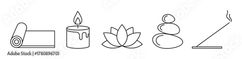 Black outline icons of a rolled yoga mat, burning candle, blooming lotus flower, stacked stones, and incense stick for wellness and relaxation themes.