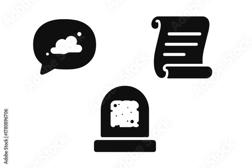 Extinct Slogan Icons. Solid style icons of interactive dark web installations: motion trigger wall, viewer-controlled display,