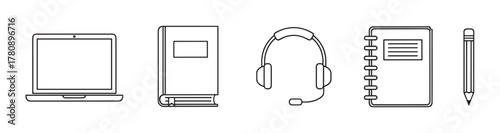 Black outline vector icons of a laptop, hardcover book, headphones, and a spiral notebook with a pencil, representing learning and communication tools.