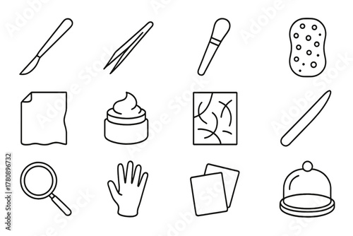 Restoration Tools Icons. Line style icons of restoration tools: scalpel, tweezers, brush, sponge; conservation paper, wheat paste,
