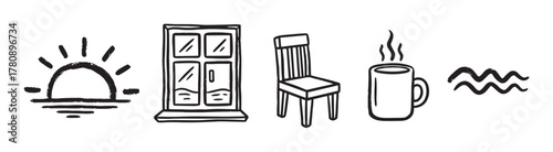 Hand-drawn black outline icons featuring a sunrise, a window, a wooden chair, a steaming cup, and wavy lines.