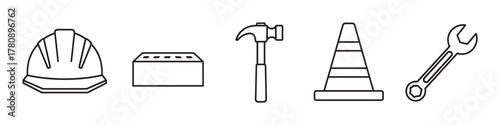 Black outline vector icons of a construction helmet, brick, hammer, traffic cone, and wrench in a minimal linear style.