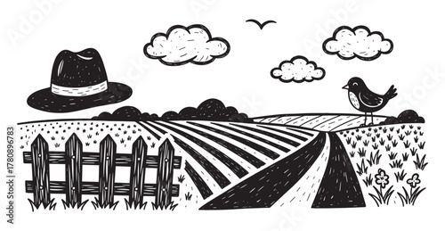 Black and white illustration of a rural landscape featuring a field with a winding path, a hat on a fence, clouds in the sky, and a bird perched nearby.
