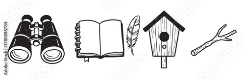 Black and white outline drawings of binoculars, an open notebook, a feather, a birdhouse, and a twig, representing nature and exploration concepts.