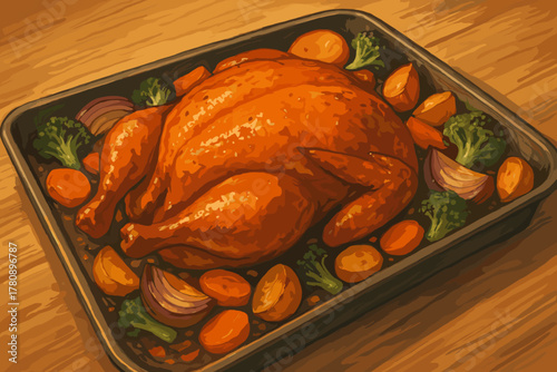 Roasted Chicken Platter. Freshly prepared roasted chicken surrounded by crispy vegetables on a tray, rich natural vector