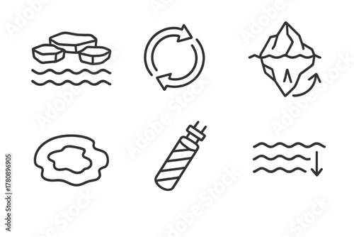 Polar Oceanography Icons. Line style icons of polar oceanography: Arctic sea ice, Antarctic current, iceberg drift path, polynya