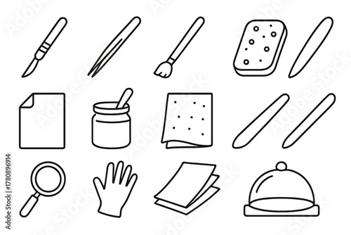 Restoration Tools Icons. Line style icons of restoration tools: scalpel, tweezers, brush, sponge; conservation paper, wheat paste,