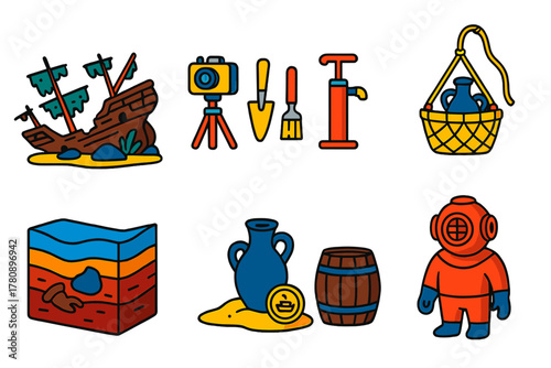 Nautical Archaeology Icons. Isometric vector illustration set Nautical archaeology: sunken galleons, underwater excavation tools,
