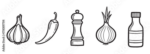 Black outline illustrations of garlic, chili pepper, pepper mill, onion, and bottle, representing common kitchen spices and condiments.