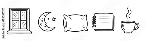 Black outline of a window, crescent moon with stars, pillow, notepad, and steaming cup, representing elements of nighttime relaxation and creativity.