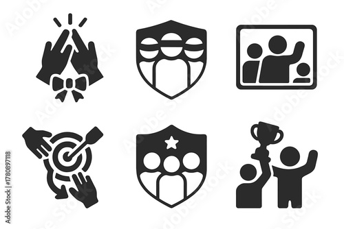 Celebration Icons Series. Solid style icons of gastronomic archives: digital recipe vault, library of meals, indexed dish icon.