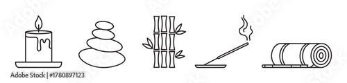 Black outline icon set of a lit candle, stacked stones, bamboo stalks, burning incense stick, and a rolled-up yoga mat, symbolizing relaxation and wellness.