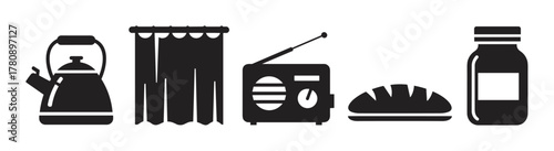 Black silhouette icons of a kettle, curtain, radio, loaf of bread, and jar in a row, representing household items.