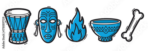 Set of five blue and black tribal icons including a drum, mask, flame, bowl, and bone in a minimalistic style.