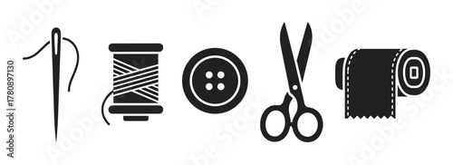 Black silhouette icons of sewing tools including a needle, thread spool, button, scissors, and fabric roll, ideal for tailoring and fashion design concepts.