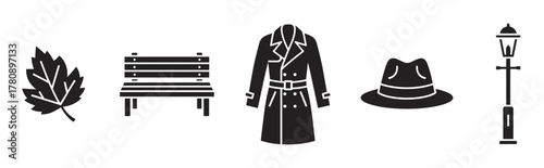 Black silhouette icons featuring a leaf, park bench, trench coat, fedora hat, and street lamp, representing autumn weather and outdoor fashion.