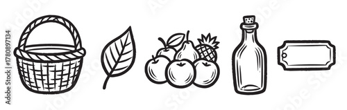 Black outline drawings of a woven basket, a leaf, an assortment of fruits, a bottle, and a blank label, illustrating various picnic items.