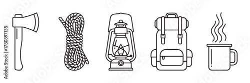 Set of black outline icons depicting essential camping gear including an axe, rope, lantern, backpack, and steaming mug.