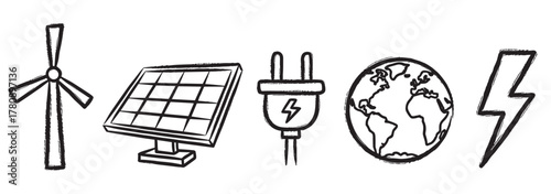 Black outline icon set featuring a wind turbine, solar panel, electrical plug, globe, and lightning bolt representing renewable energy concepts.