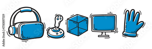 Hand-drawn icons of virtual reality equipment, including a headset, joystick, geometric cube, computer monitor, and glove, in blue and black tones.