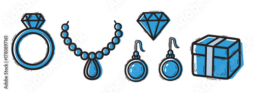 Hand-drawn vector illustrations of jewelry featuring a diamond ring, beaded necklace, diamond, earrings, and a gift box.