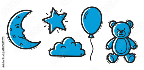 Blue and black outlined drawings of a crescent moon, star, cloud, balloon, and teddy bear on a white background.