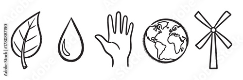 Black outline icons featuring a leaf, water droplet, hand, earth, and wind turbine, symbolizing nature, sustainability, and environmental conservation.