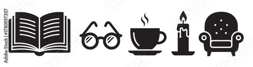 Black silhouettes of an open book, eyeglasses, steaming coffee cup, lit candle, and upholstered armchair arranged in a horizontal sequence.