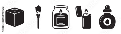 Black silhouette icons of a cube, matchstick, jar candle, lighter, and dropper bottle. minimalist design elements representing various everyday items.