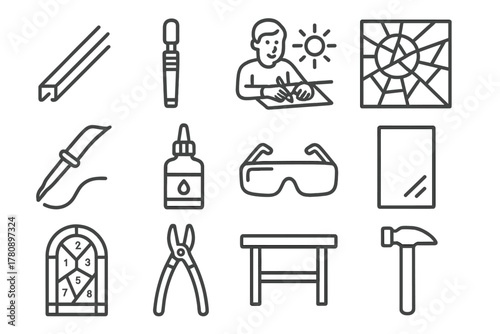 Stained Glass Art Icons. Line style icons of Stained Glass Art: Lead Came, Glass Cutter, Cartoon Sketch, Sunlight Through Colors;