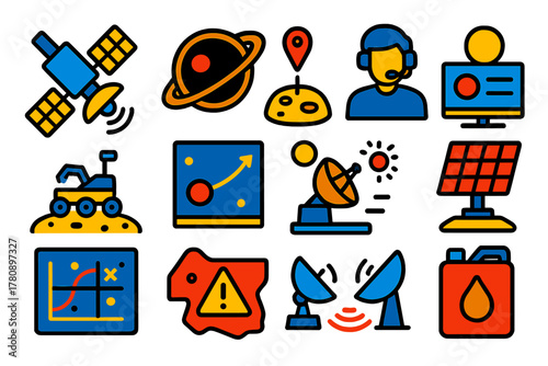 Astrobiology Mission Icons. Flat vector icons of astrobiology mission planning: satellite, orbital path, landing site, mission