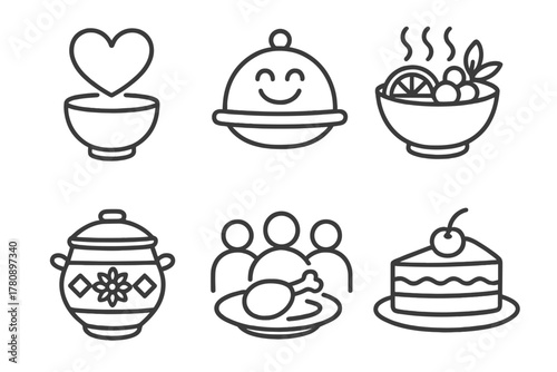 Food and Well-being Icons. Line style icons of psychological well-being in food: comfort food symbol, mood support meal, familiar
