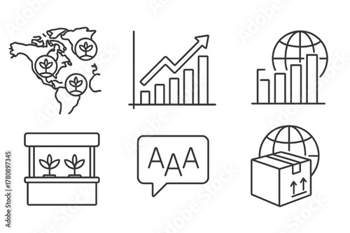 Global Vertical Farming Icons. Line style icons of global vertical farming trends: international map with icons, trend chart rise,