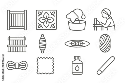 Fabric Making Icons. Line style icons of Fabric Making: Reed, Decorative Pattern, Dyeing, Traditional Method; Loom, Spindle,