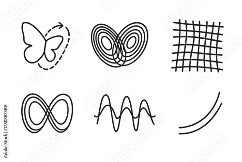 Chaos Theory Icons. Line style icons of chaos theory visuals: butterfly effect path, Lorenz attractor spiral, chaotic grid,