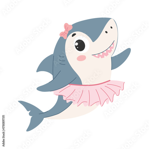 A cute animal is doing ballet. Cute little shark in a pink tutu. Vector illustration.