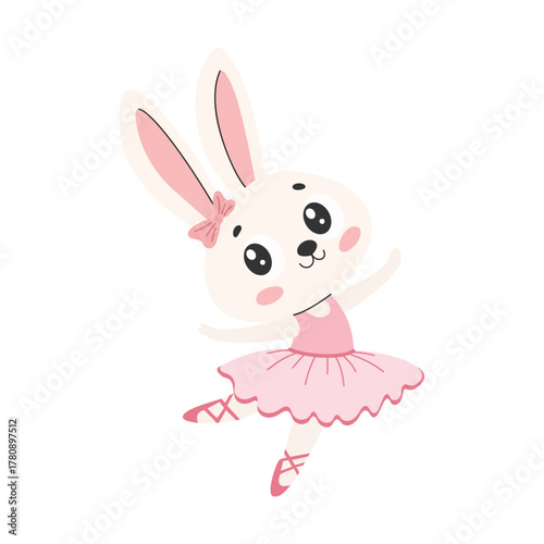 A cute animal is doing ballet. Cute little rabbit ballerina in pink tutu vector illustration