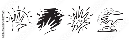 Black outline vector illustrations of various hand gestures with different artistic effects, including scribbles, strokes, and cloud-like patterns.